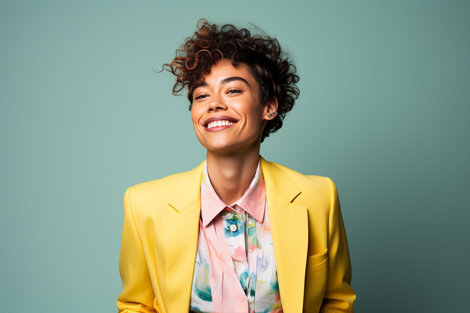 Happy queer woman in a yellow blazer