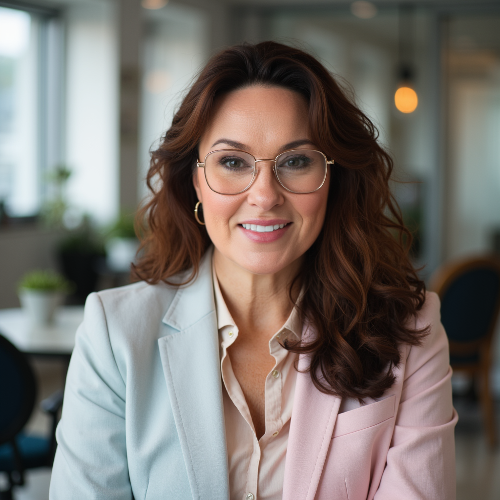 Mayme Connors, Dallas LGBTQ therapist, smiling warmly in a bright modern office wearing a pink blazer and gold-rimmed glasses.