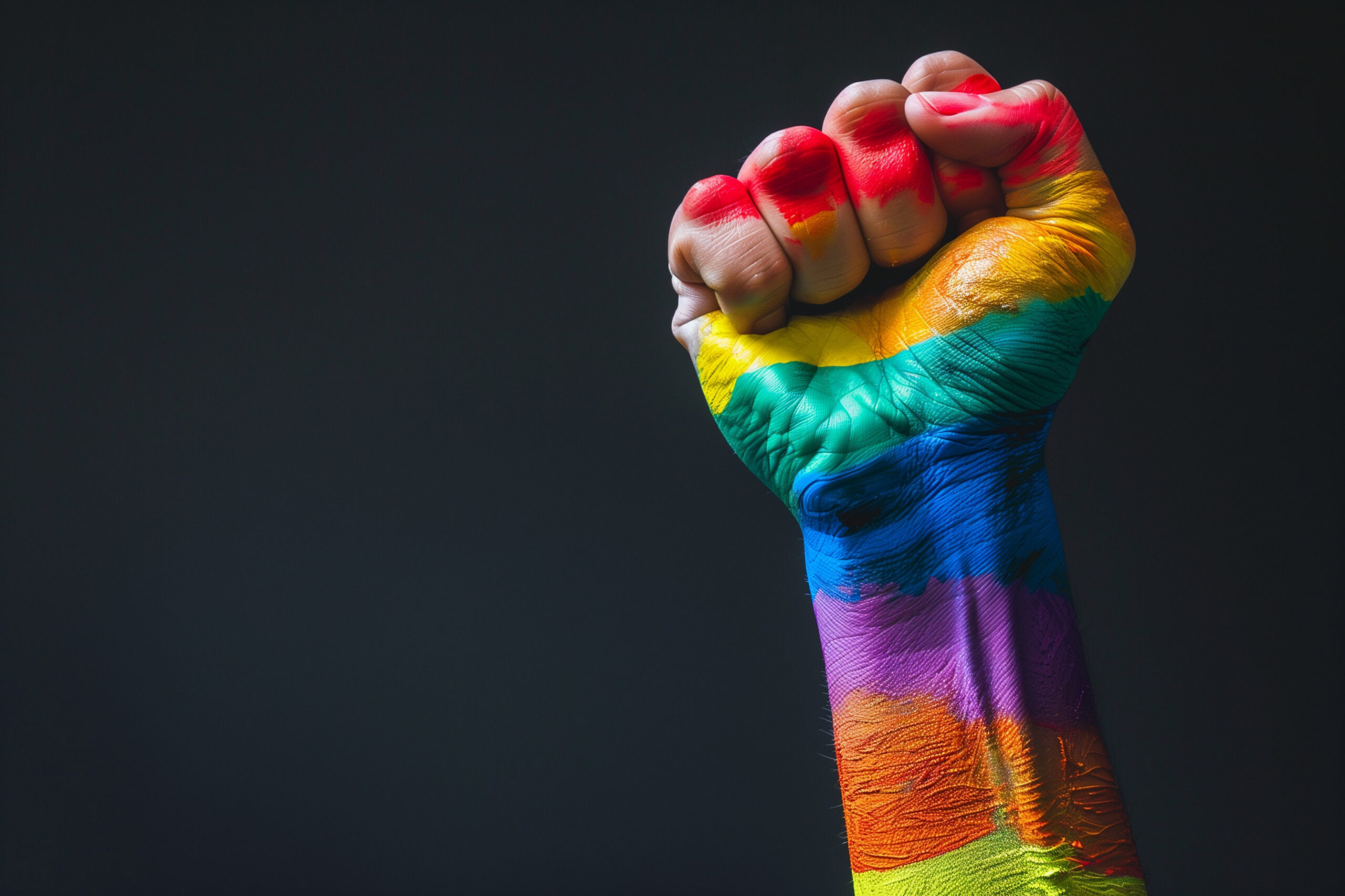 Raised fist with pride flag colors painted on the skin on a black background.