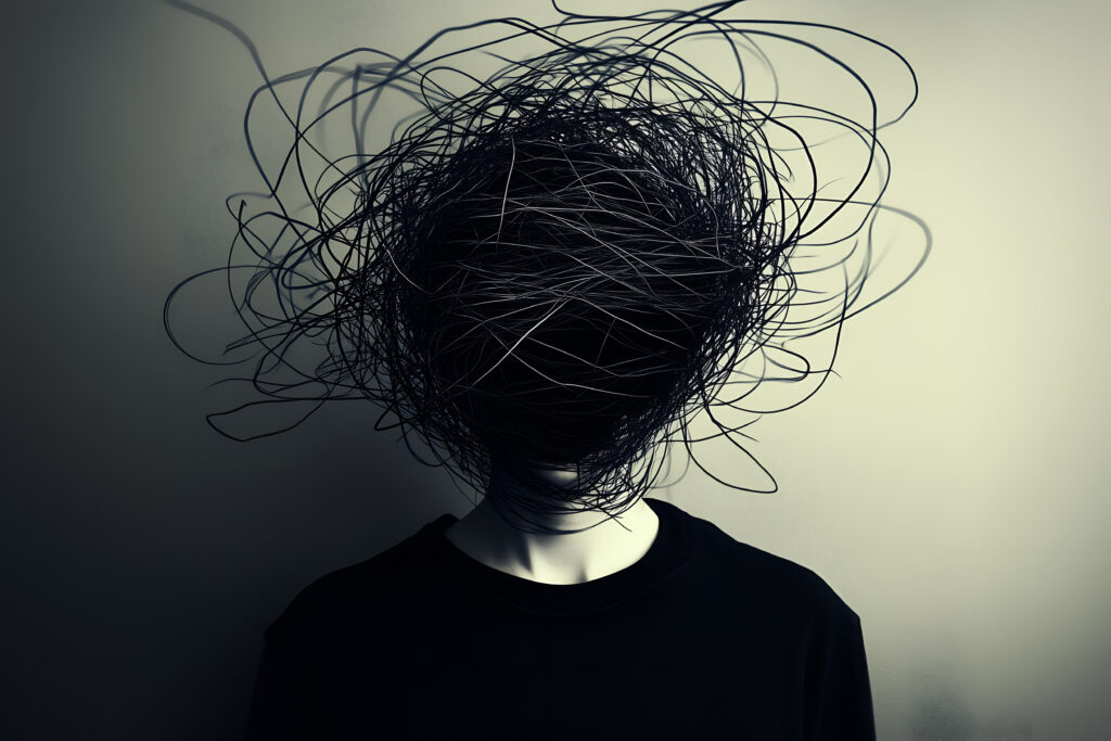 A person stands against a light background with their face obscured by a dense tangle of black lines, suggesting mental overwhelm or confusion.