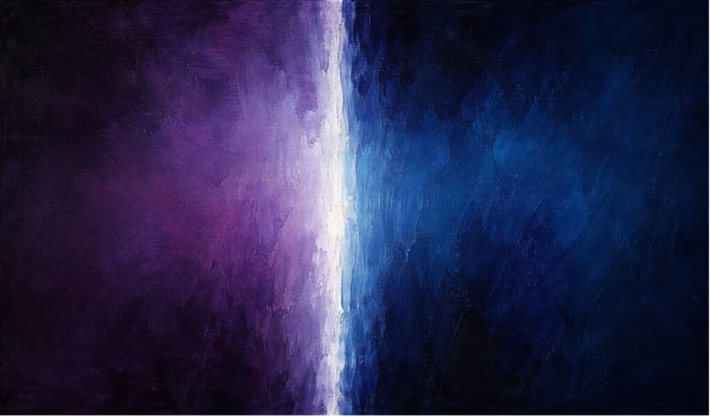Abstract painting in deep purple and blue tones divided by a thin white line, symbolizing emotional boundaries, separation, and balance in relationships.