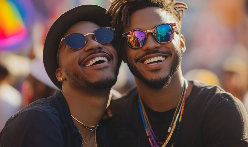Two Black men smiling and leaning into each other at an outdoor Pride event, wearing sunglasses, with rainbow flags softly blurred in the background, conveying warmth, joy, and connection.