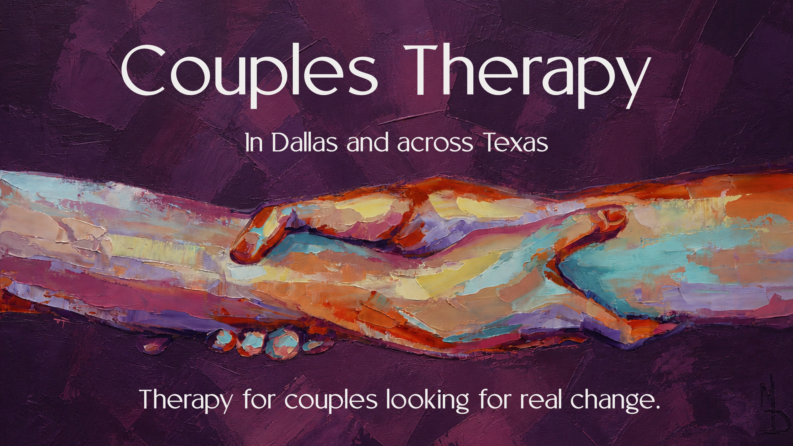Abstract painting of two hands reaching toward one another against a deep purple background, symbolizing connection, repair, trust, and emotional intimacy in couples therapy.