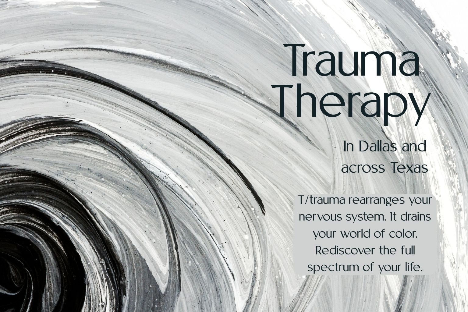 Abstract black-and-white spiral artwork representing the narrowing effects of trauma on perception and the journey toward restoring emotional resilience through trauma therapy in Dallas.