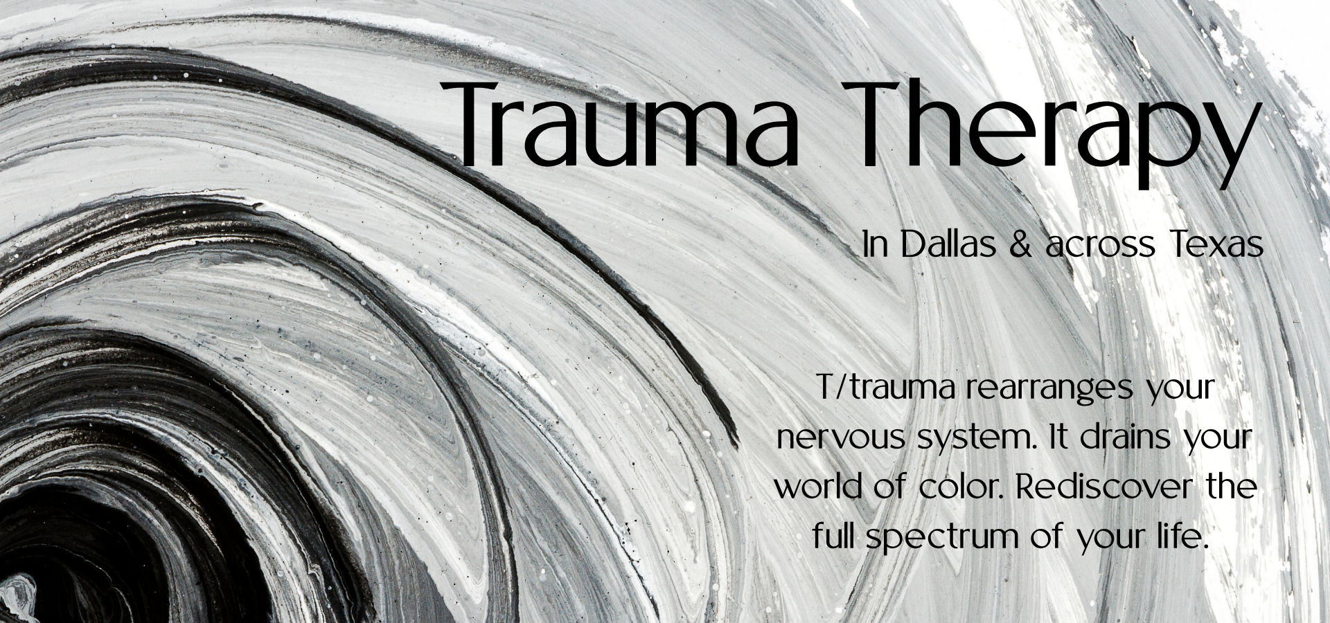 Abstract black-and-white spiral artwork representing the narrowing effects of trauma on perception and the journey toward restoring emotional resilience through trauma therapy in Dallas.