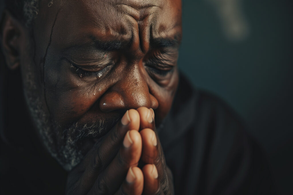 Man praying with tears in his eyes