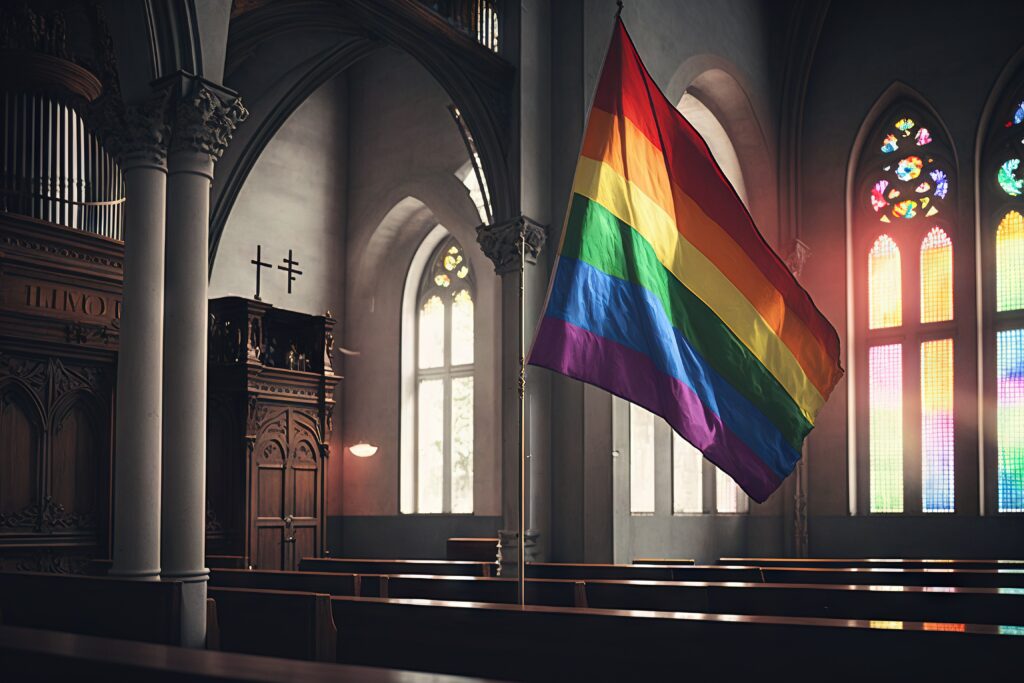 Pride flag hanging inside a church sanctuary