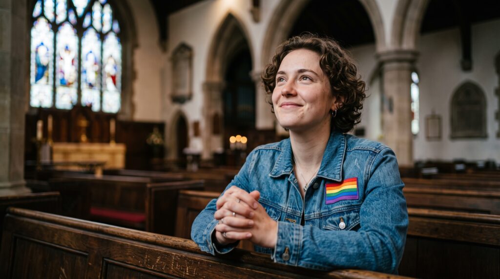 Woman smiling while sitting in a church pew