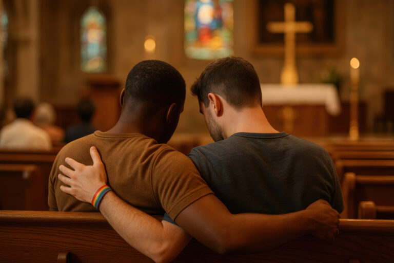 Two men sitting closely together in a church pew
